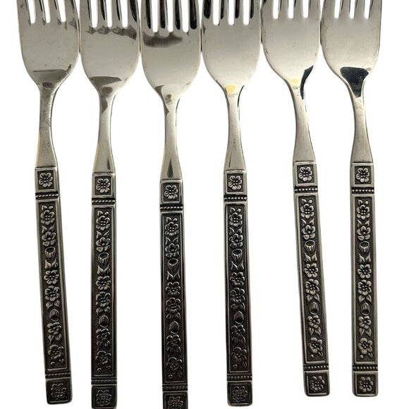Oneida Coliseum Dinner Forks 6 Set Stainless Steel 7.25" Floral Black Textured - Picture 3 of 5